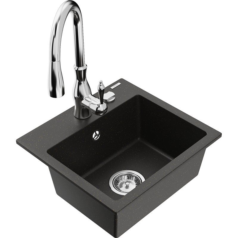 Mexen Milo zlewozmywak granitowy 1-komorowy z baterią kuchenną Savita, czarny/złoty metalik