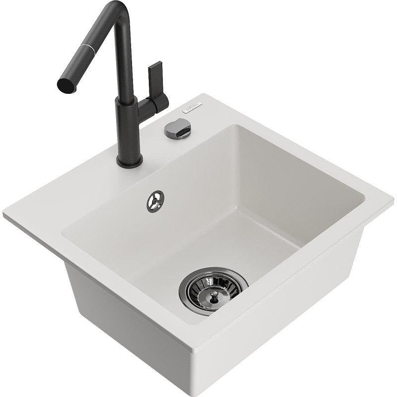 Mexen Milo zlewozmywak granitowy 1-komorowy z baterią kuchenną Flora, biały