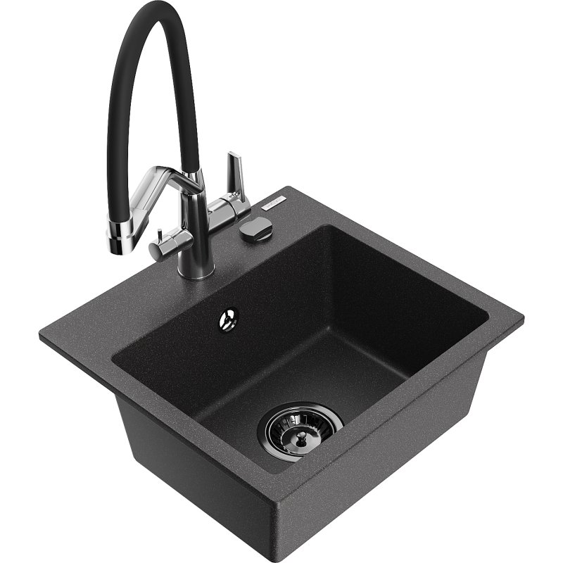 Mexen Milo zlewozmywak granitowy 1-komorowy z baterią kuchenną Duo, czarny nakrapiany
