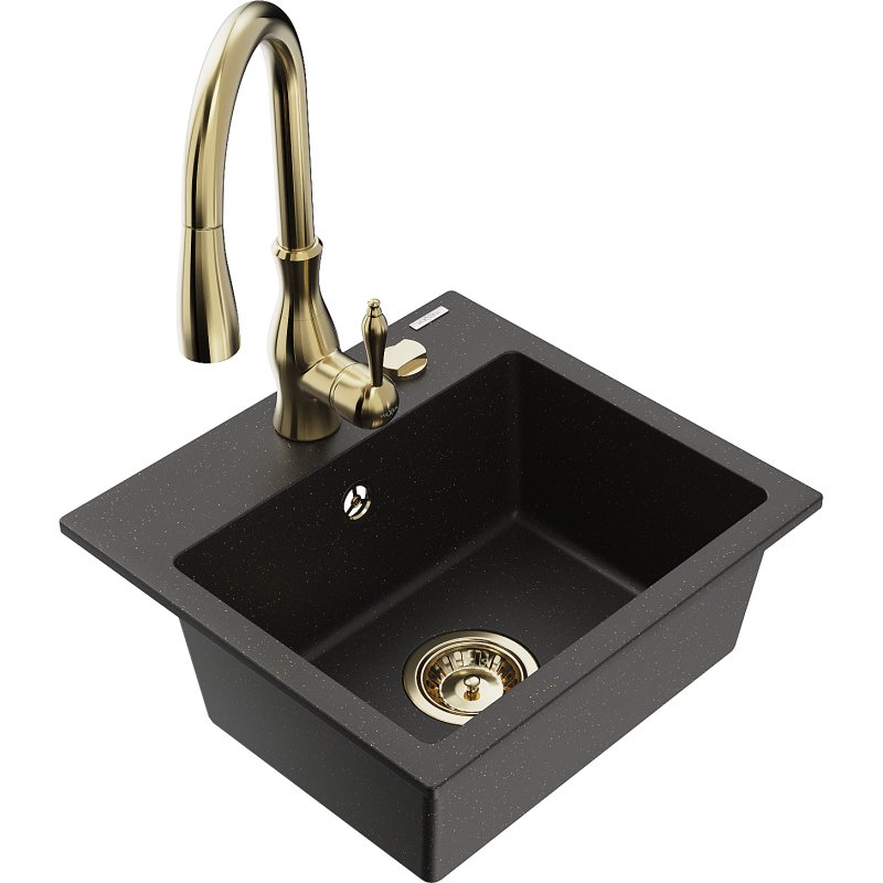 Mexen Milo zlewozmywak granitowy 1-komorowy z baterią kuchenną Savita, czarny/złoty metalik