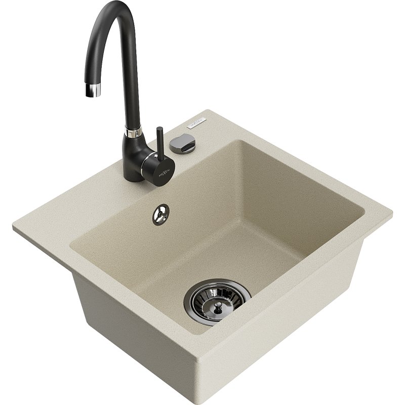 Mexen Milo zlewozmywak granitowy 1-komorowy z baterią kuchenną Telma, beżowy