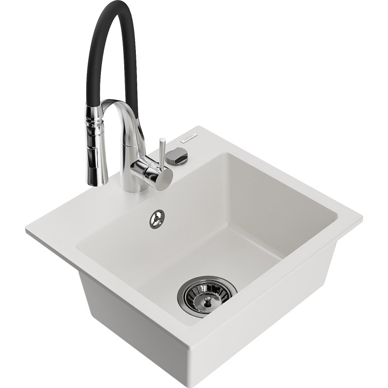 Mexen Milo zlewozmywak granitowy 1-komorowy z baterią kuchenną Aster, biały