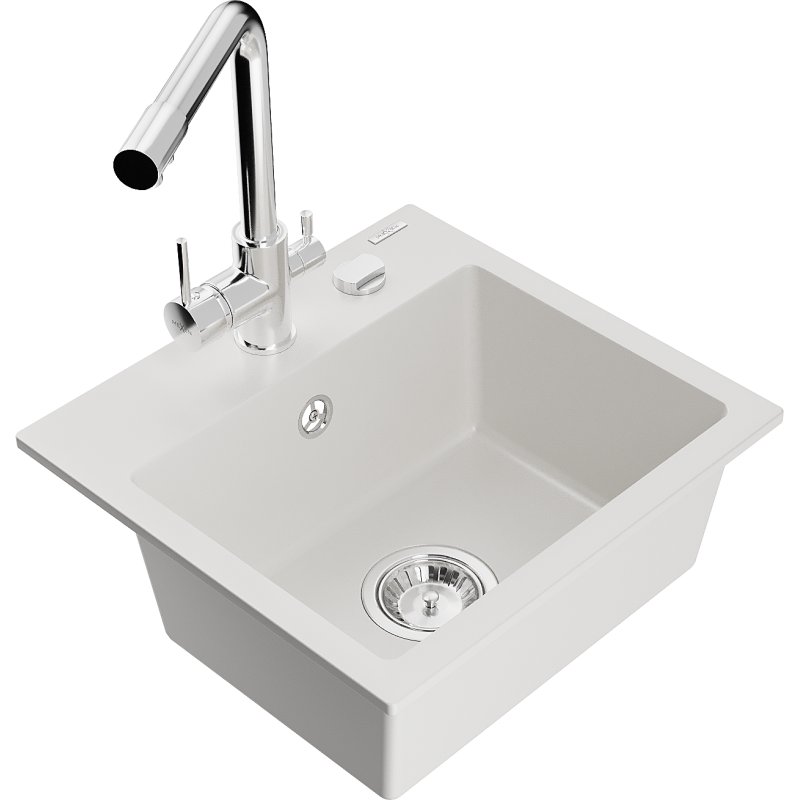 Mexen Milo zlewozmywak granitowy 1-komorowy z baterią kuchenną Duero, biały