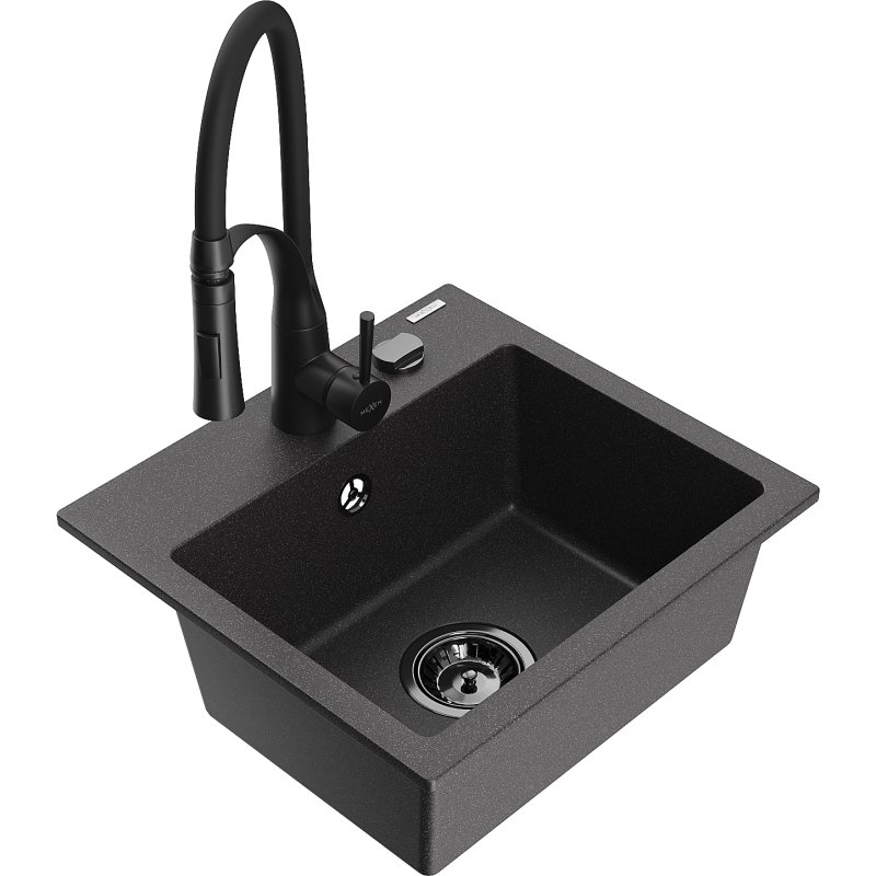 Mexen Milo zlewozmywak granitowy 1-komorowy z baterią kuchenną Aster, czarny nakrapiany