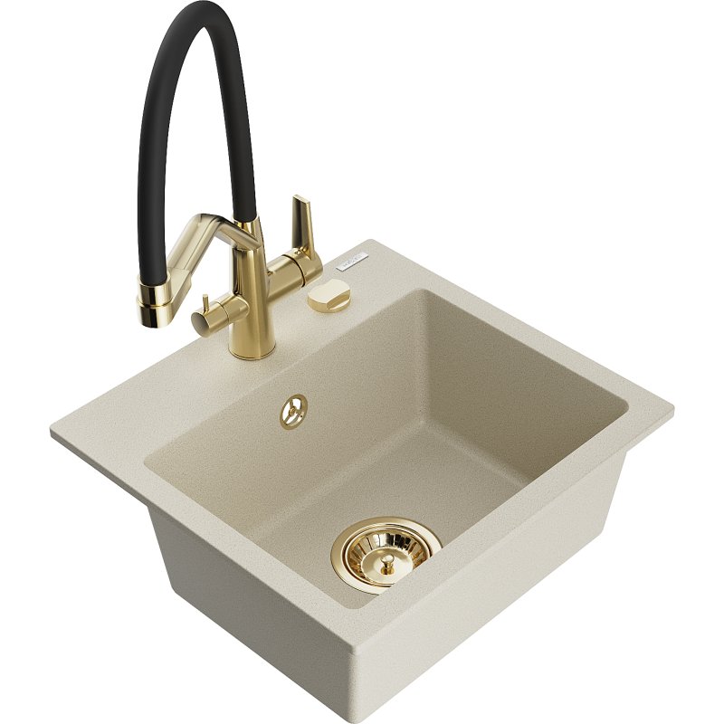 Mexen Milo zlewozmywak granitowy 1-komorowy z baterią kuchenną Duo, beżowy