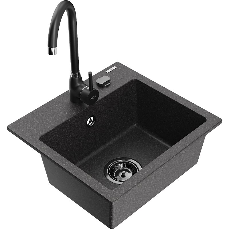 Mexen Milo zlewozmywak granitowy 1-komorowy z baterią kuchenną Telma, czarny nakrapiany