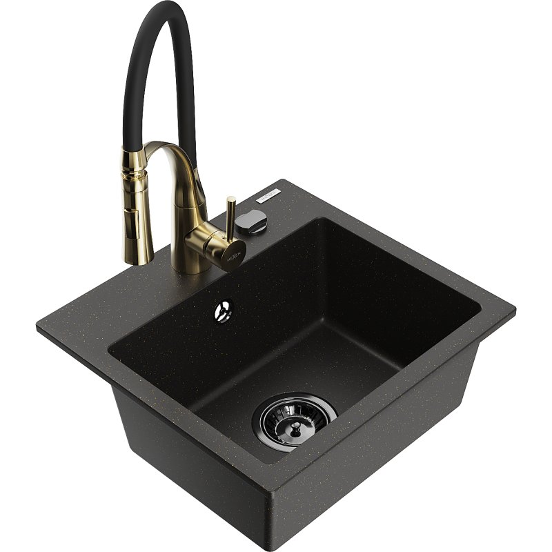 Mexen Milo zlewozmywak granitowy 1-komorowy z baterią kuchenną Aster, czarny/złoty metalik