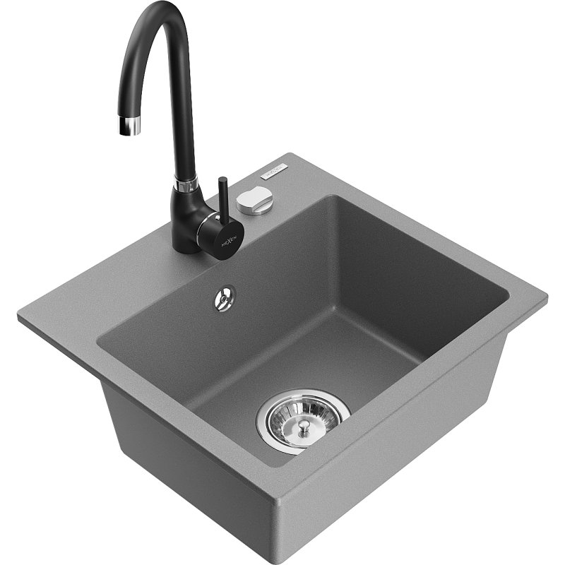 Mexen Milo zlewozmywak granitowy 1-komorowy z baterią kuchenną Telma, szary