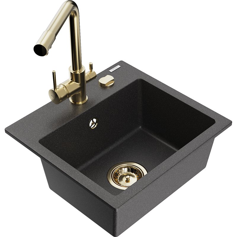 Mexen Milo zlewozmywak granitowy 1-komorowy z baterią kuchenną Duero, czarny nakrapiany