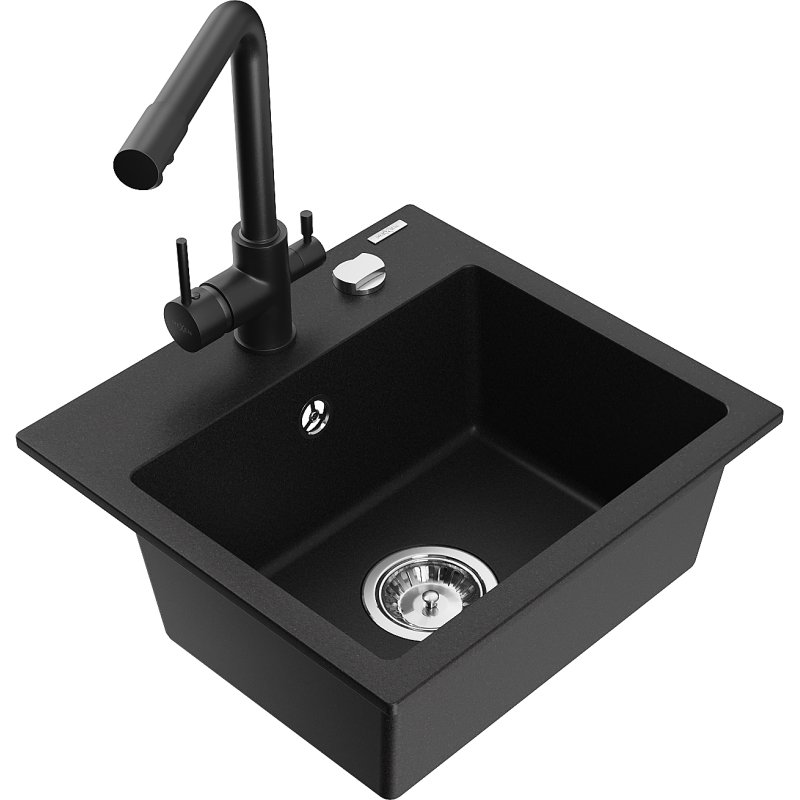 Mexen Milo zlewozmywak granitowy 1-komorowy z baterią kuchenną Duero, czarny
