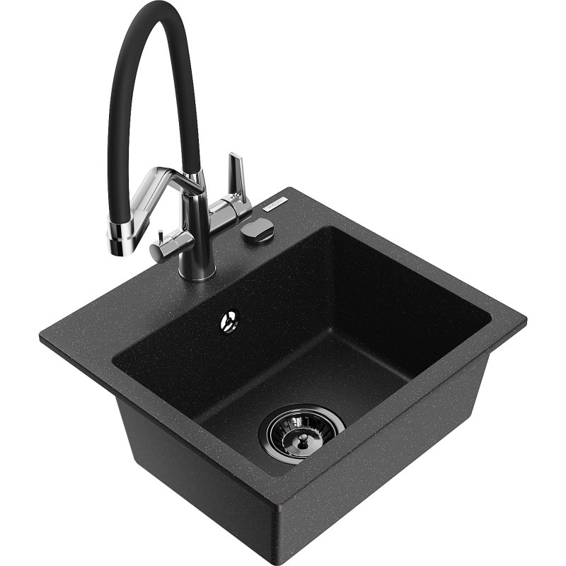 Mexen Milo zlewozmywak granitowy 1-komorowy z baterią kuchenną Duo, czarny/srebrny metalik