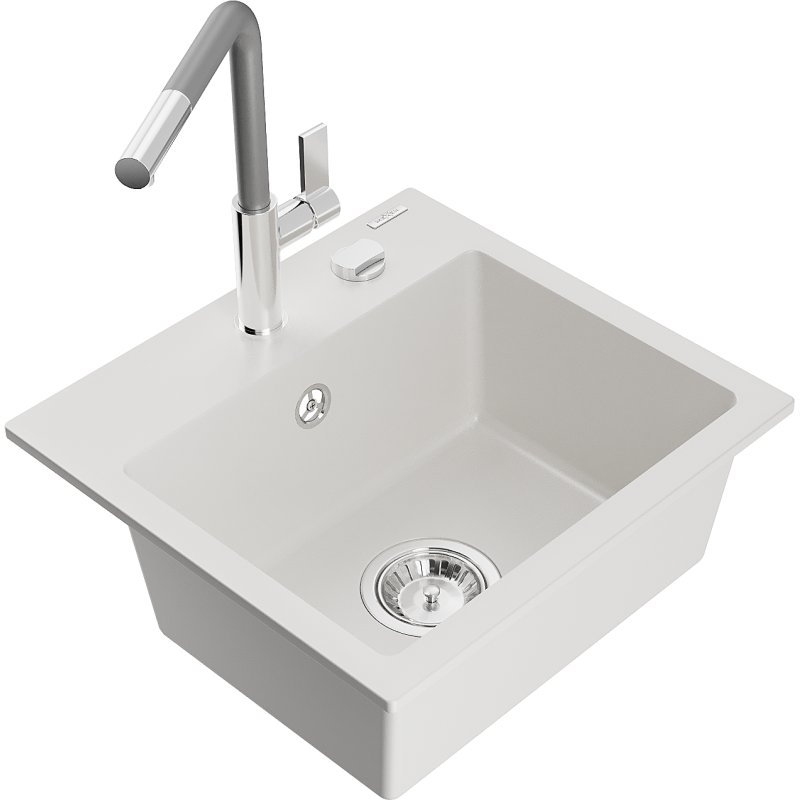 Mexen Milo zlewozmywak granitowy 1-komorowy z baterią kuchenną Flora, biały