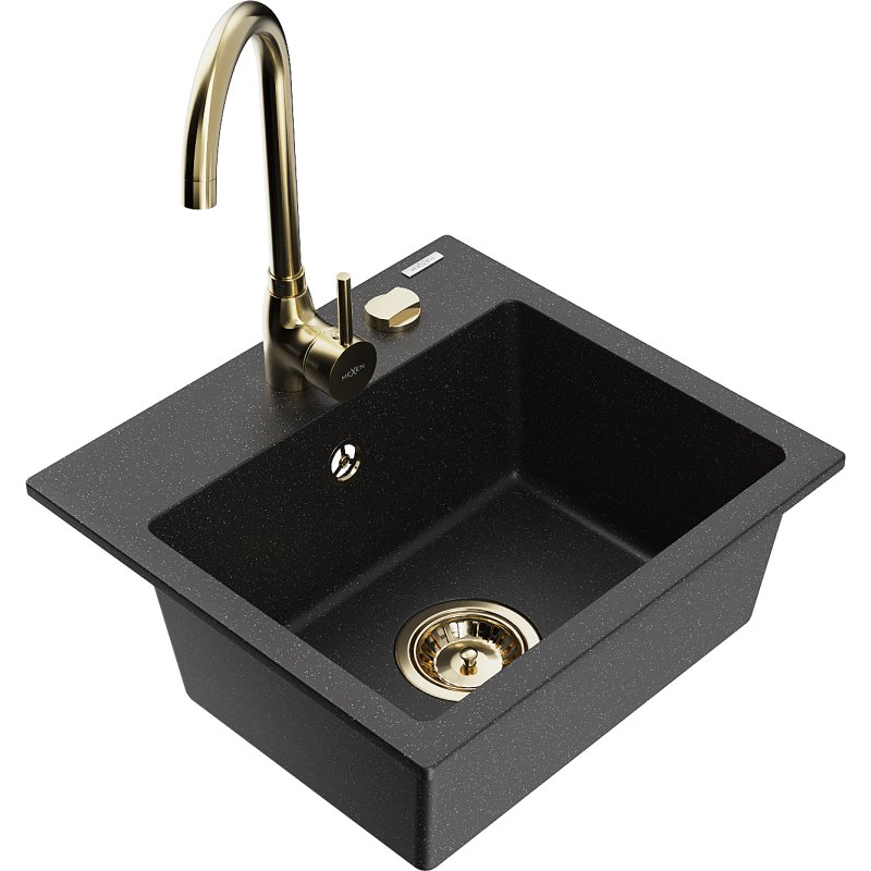 Mexen Milo zlewozmywak granitowy 1-komorowy z baterią kuchenną Telma, czarny/srebrny