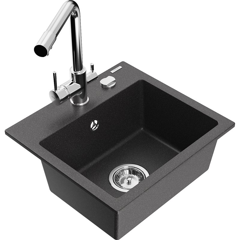 Mexen Milo zlewozmywak granitowy 1-komorowy z baterią kuchenną Duero, czarny nakrapiany