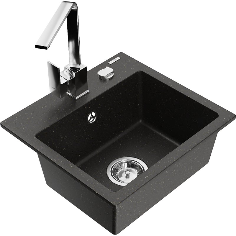 Mexen Milo zlewozmywak granitowy 1-komorowy z baterią kuchenną Rita, czarny/złoty metalik