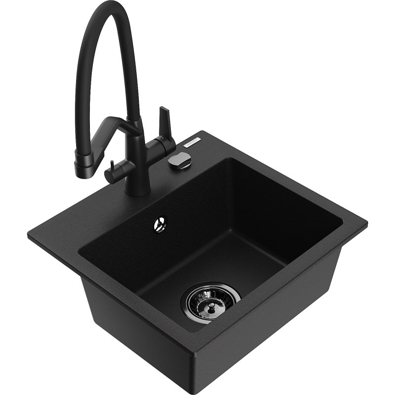 Mexen Milo zlewozmywak granitowy 1-komorowy z baterią kuchenną Duo, czarny