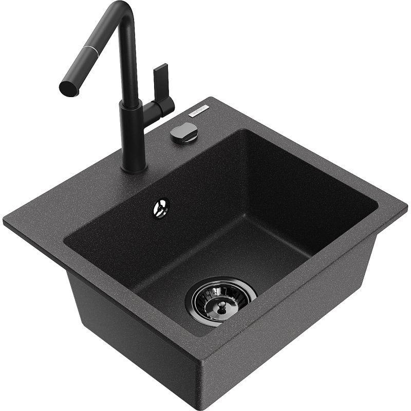 Mexen Milo zlewozmywak granitowy 1-komorowy z baterią kuchenną Flora, czarny nakrapiany