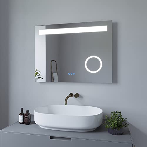 AQUABATOS Lustro łazienkowe z oświetleniem LED, ścienne, podświetlane, przełącznik dotykowy, lustro do makijażu, zimna biel 6400 K, ciepła biel 3000 K, ogrzewanie lustra, IP44, CE, 80 x 60 cm