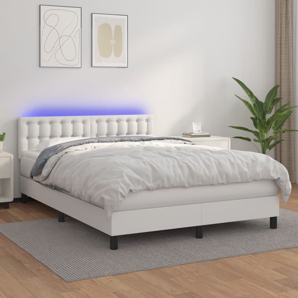 Lumarko Łóżko kontynentalne z materacem i LED  biała ekoskóra 140x190cm