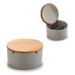 Szkatułka Okrągła Z Lusterkiem Szara Z Bambusem