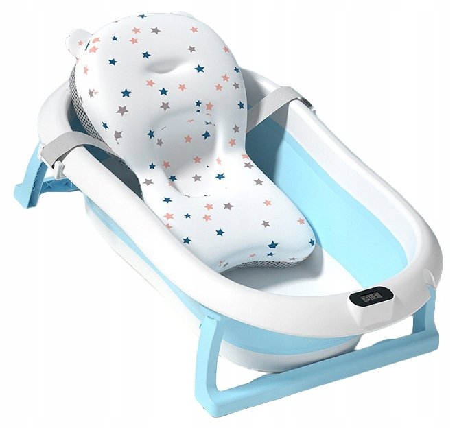 SILIKONOWA SKŁADANA WANIENKA Z TERMOMETREM I PODUSZKA NIEBIESKA