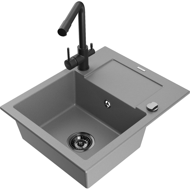 Mexen Enzo zlewozmywak granitowy 1-komorowy z ociekaczem i baterią kuchenną Duero, szary