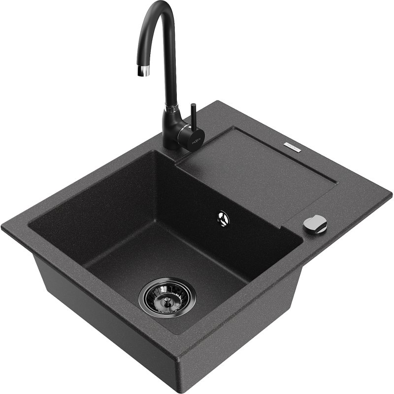 Mexen Enzo zlewozmywak granitowy 1-komorowy z ociekaczem i baterią kuchenną Telma, czarny nakrapiany