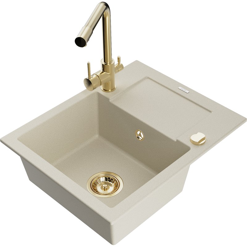 Mexen Enzo zlewozmywak granitowy 1-komorowy z ociekaczem i baterią kuchenną Duero, beżowy