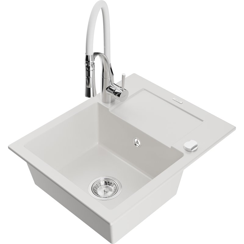 Mexen Enzo zlewozmywak granitowy 1-komorowy z ociekaczem i baterią kuchenną Aster, biały