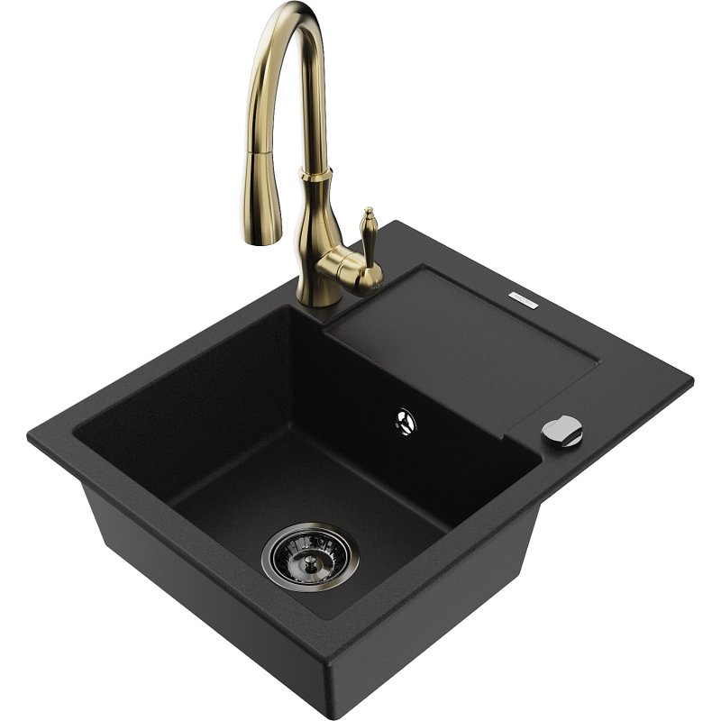 Mexen Enzo zlewozmywak granitowy 1-komorowy z ociekaczem i baterią kuchenną Savita, czarny