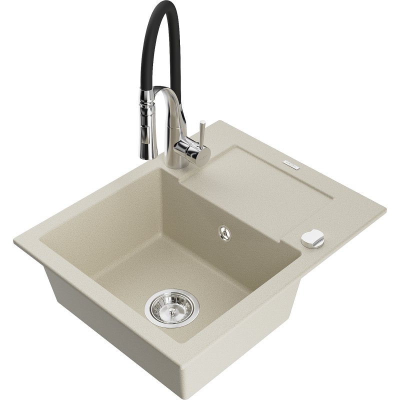 Mexen Enzo zlewozmywak granitowy 1-komorowy z ociekaczem i baterią kuchenną Aster, beżowy