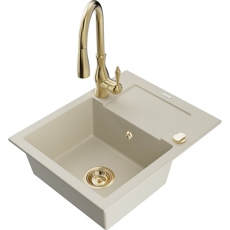 Mexen Enzo zlewozmywak granitowy 1-komorowy z ociekaczem i baterią kuchenną Savita, beżowy