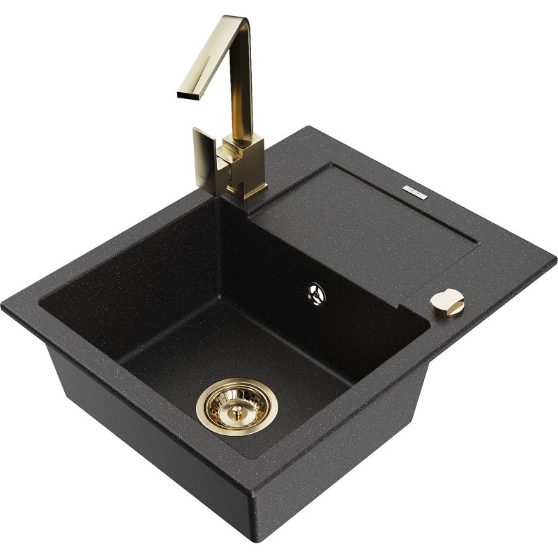 Mexen Enzo zlewozmywak granitowy 1-komorowy z ociekaczem i baterią kuchenną Rita, czarny/srebrny metalik