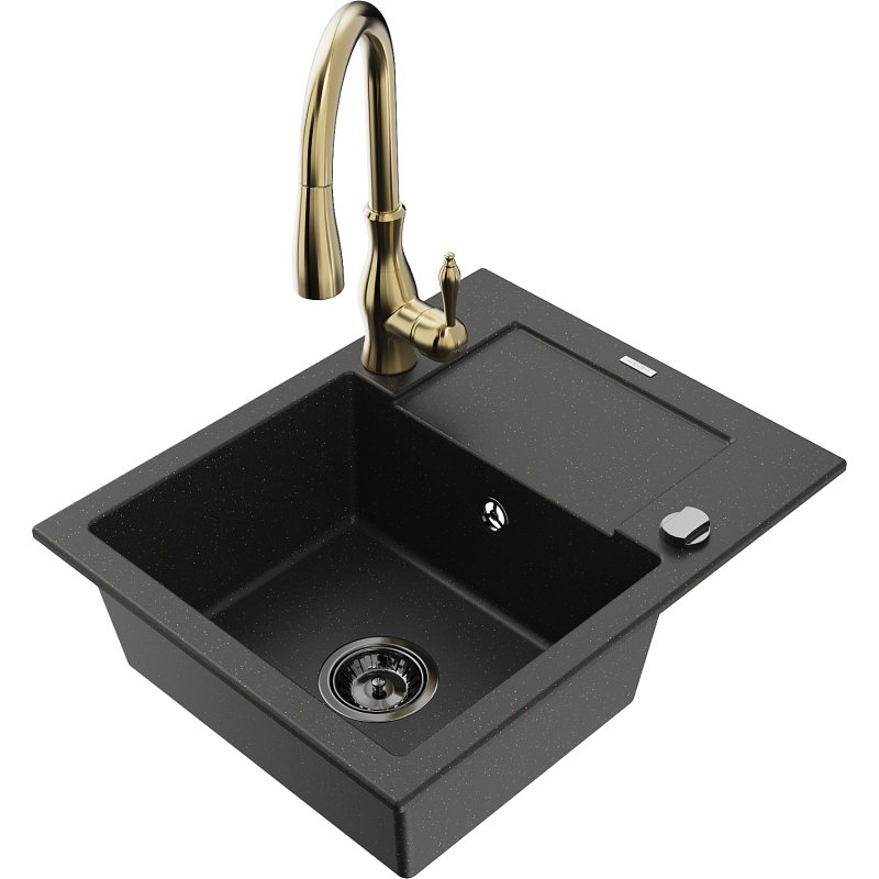 Mexen Enzo zlewozmywak granitowy 1-komorowy z ociekaczem i baterią kuchenną Savita, czarny/złoty metalik