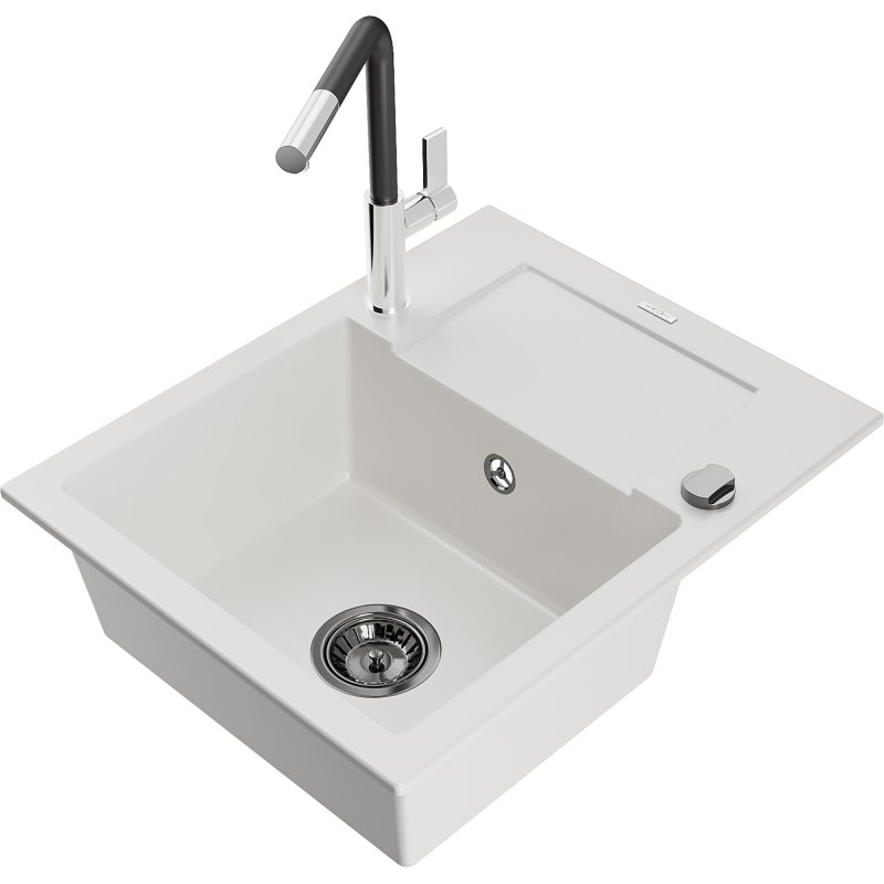 Mexen Enzo zlewozmywak granitowy 1-komorowy z ociekaczem i baterią kuchenną Flora, biały