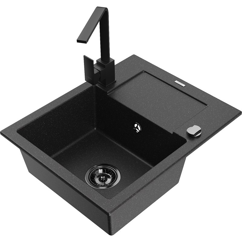 Mexen Enzo zlewozmywak granitowy 1-komorowy z ociekaczem i baterią kuchenną Rita, czarny/srebrny metalik