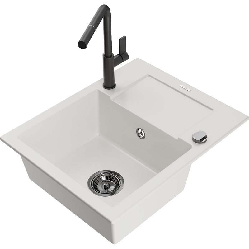 Mexen Enzo zlewozmywak granitowy 1-komorowy z ociekaczem i baterią kuchenną Flora, biały