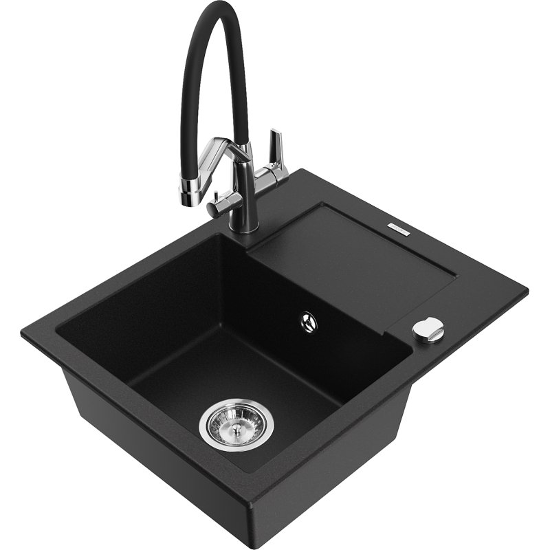Mexen Enzo zlewozmywak granitowy 1-komorowy z ociekaczem i baterią kuchenną Duo, czarny