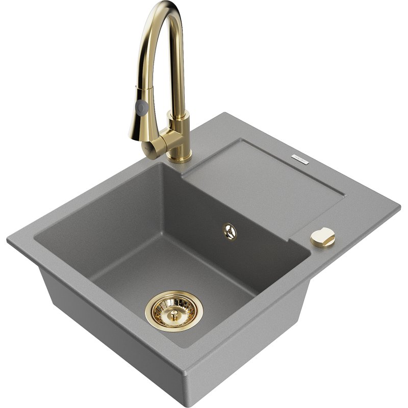 Mexen Enzo zlewozmywak granitowy 1-komorowy z ociekaczem i baterią kuchenną Elia, szary