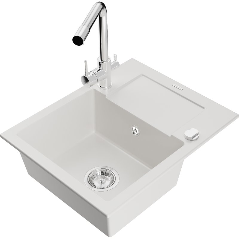 Mexen Enzo zlewozmywak granitowy 1-komorowy z ociekaczem i baterią kuchenną Duero, biały