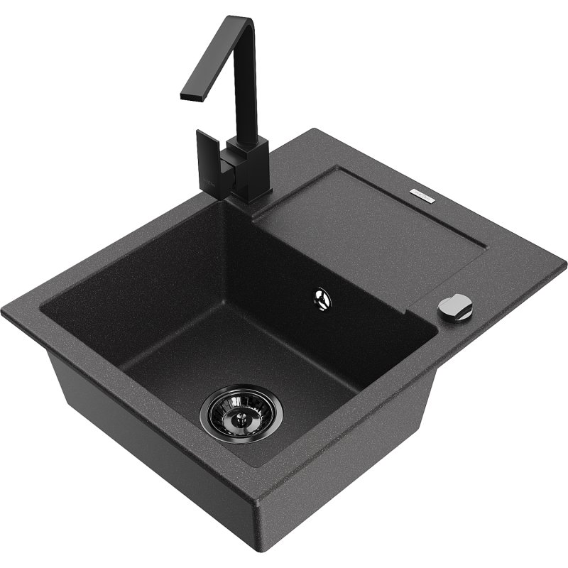 Mexen Enzo zlewozmywak granitowy 1-komorowy z ociekaczem i baterią kuchenną Rita, czarny nakrapiany