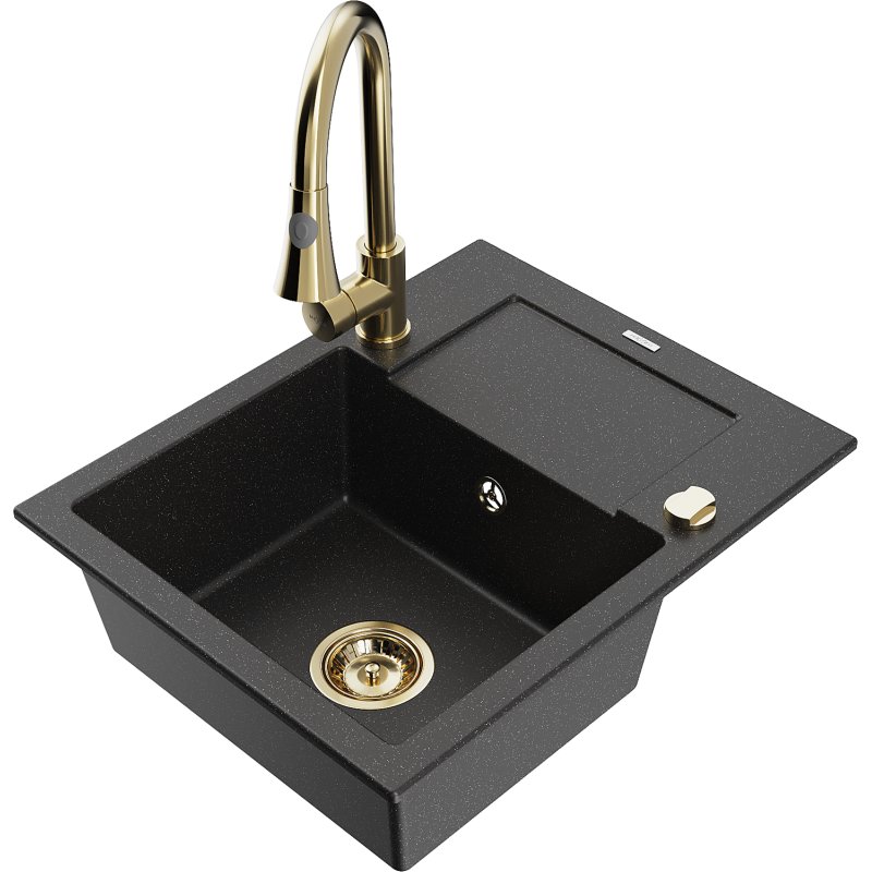 Mexen Enzo zlewozmywak granitowy 1-komorowy z ociekaczem i baterią kuchenną Elia, czarny/srebrny metalik