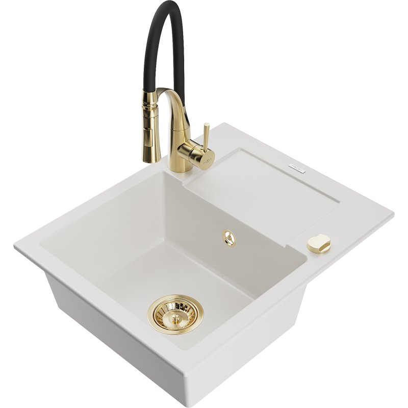 Mexen Enzo zlewozmywak granitowy 1-komorowy z ociekaczem i baterią kuchenną Aster, biały