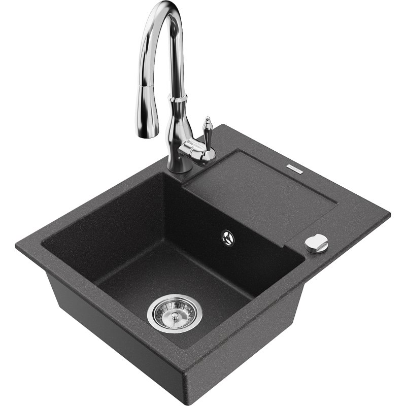 Mexen Enzo zlewozmywak granitowy 1-komorowy z ociekaczem i baterią kuchenną Savita, czarny nakrapiany