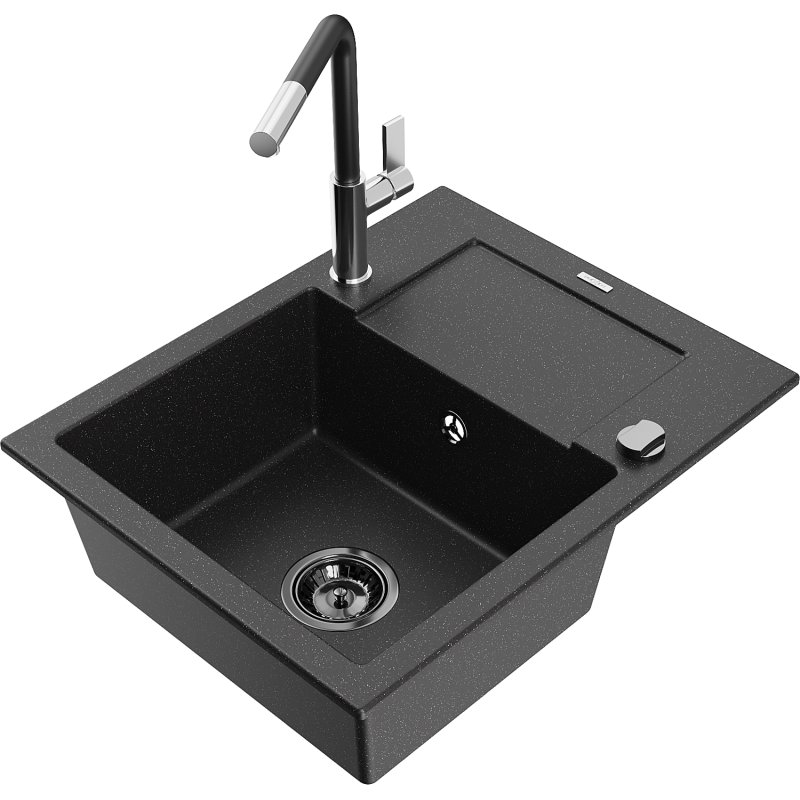 Mexen Enzo zlewozmywak granitowy 1-komorowy z ociekaczem i baterią kuchenną Flora, czarny/srebrny metalik