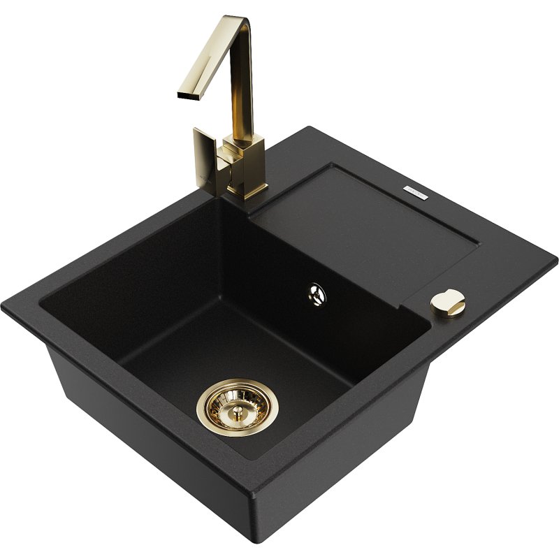 Mexen Enzo zlewozmywak granitowy 1-komorowy z ociekaczem i baterią kuchenną Rita, czarny