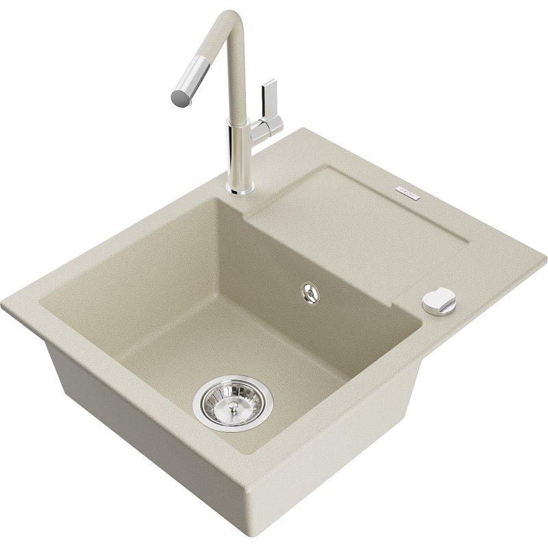 Mexen Enzo zlewozmywak granitowy 1-komorowy z ociekaczem i baterią kuchenną Flora, beżowy