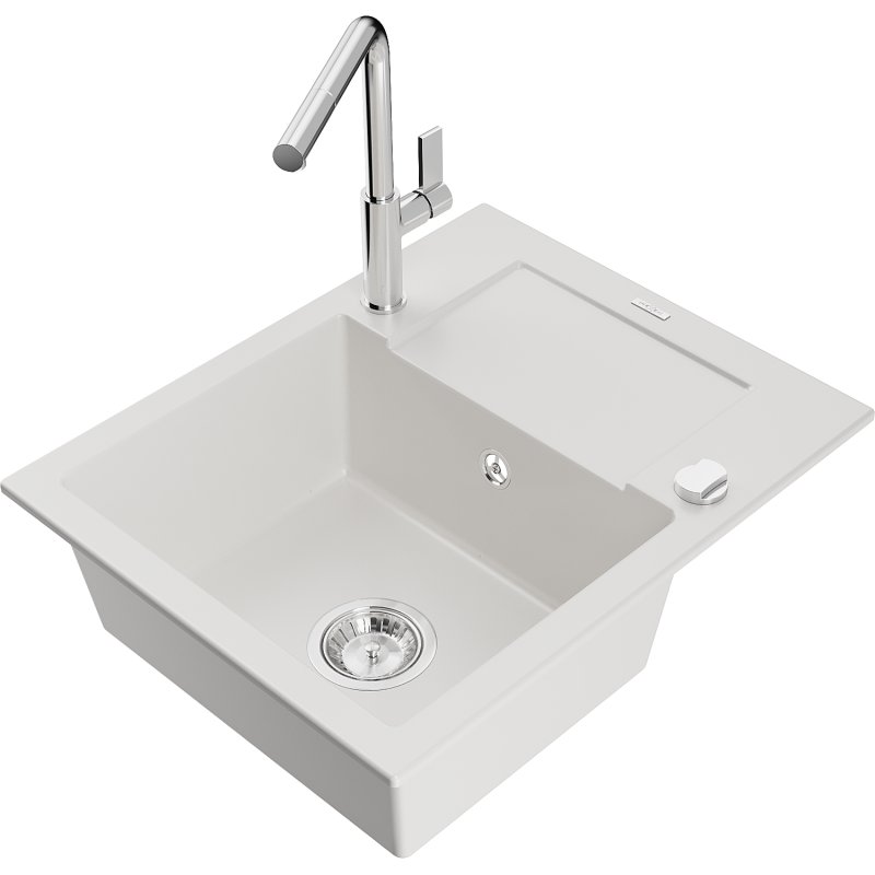 Mexen Enzo zlewozmywak granitowy 1-komorowy z ociekaczem i baterią kuchenną Flora, biały