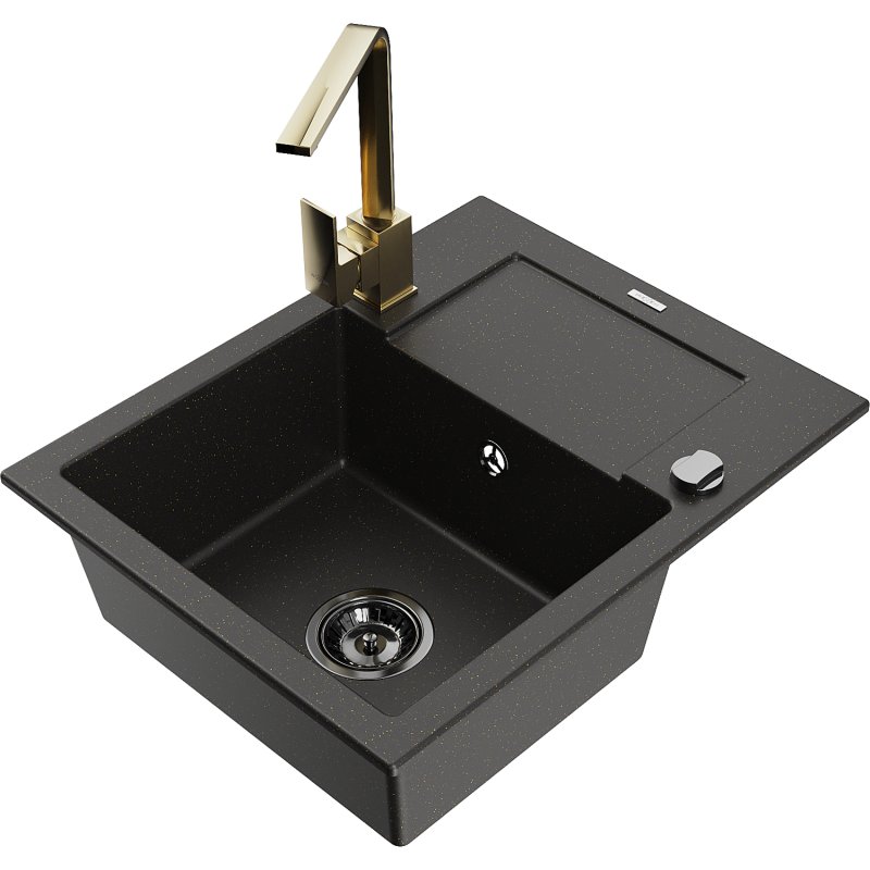 Mexen Enzo zlewozmywak granitowy 1-komorowy z ociekaczem i baterią kuchenną Rita, czarny/złoty metalik