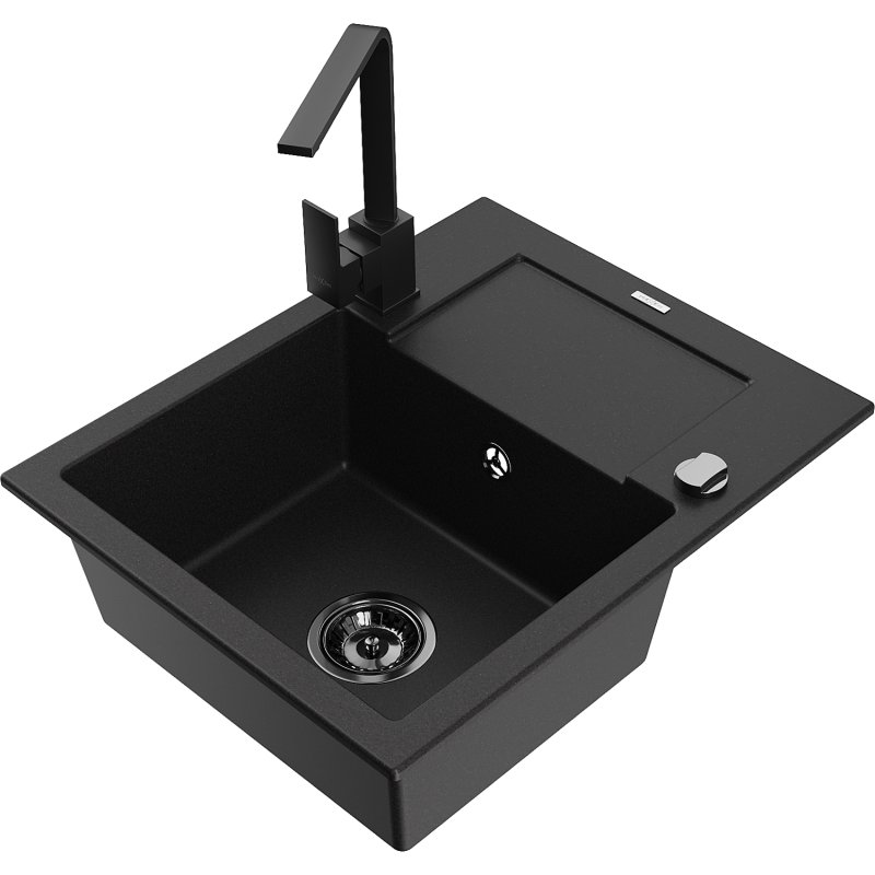 Mexen Enzo zlewozmywak granitowy 1-komorowy z ociekaczem i baterią kuchenną Rita, czarny